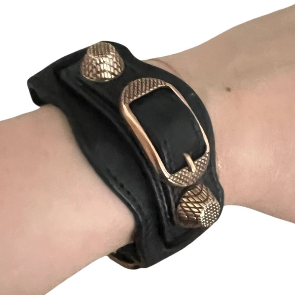 Black Leather Bracelet with Gold Buckle Accent